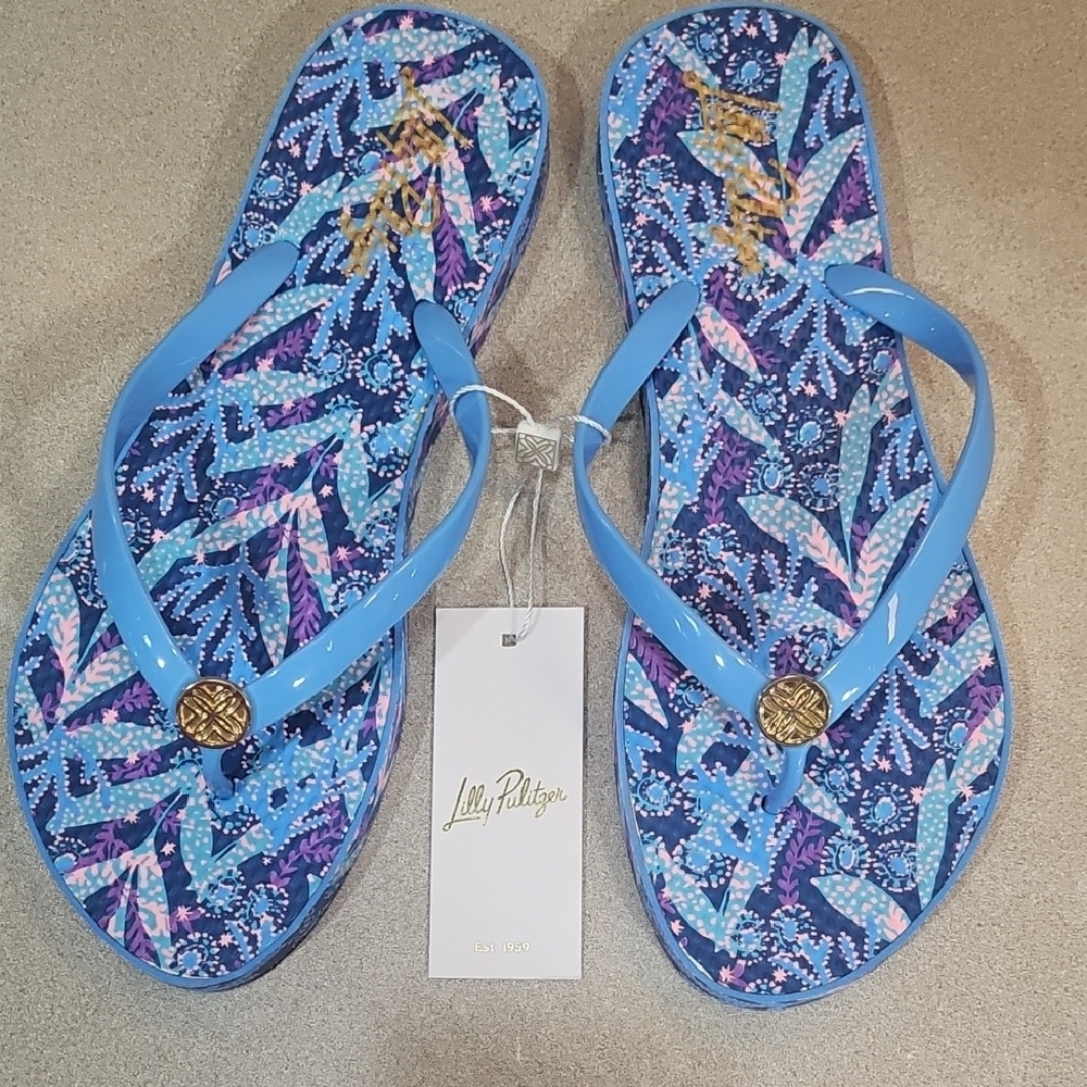 Lilly Pulitzer Blue and Purple Patterned Flip Flops